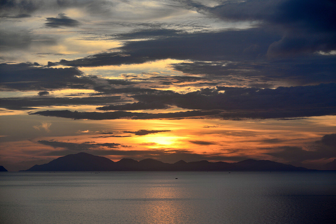 Sunset over the island Adang from the island of Tarutao, Andaman Sea, South-Thailand, Thailand, Asia