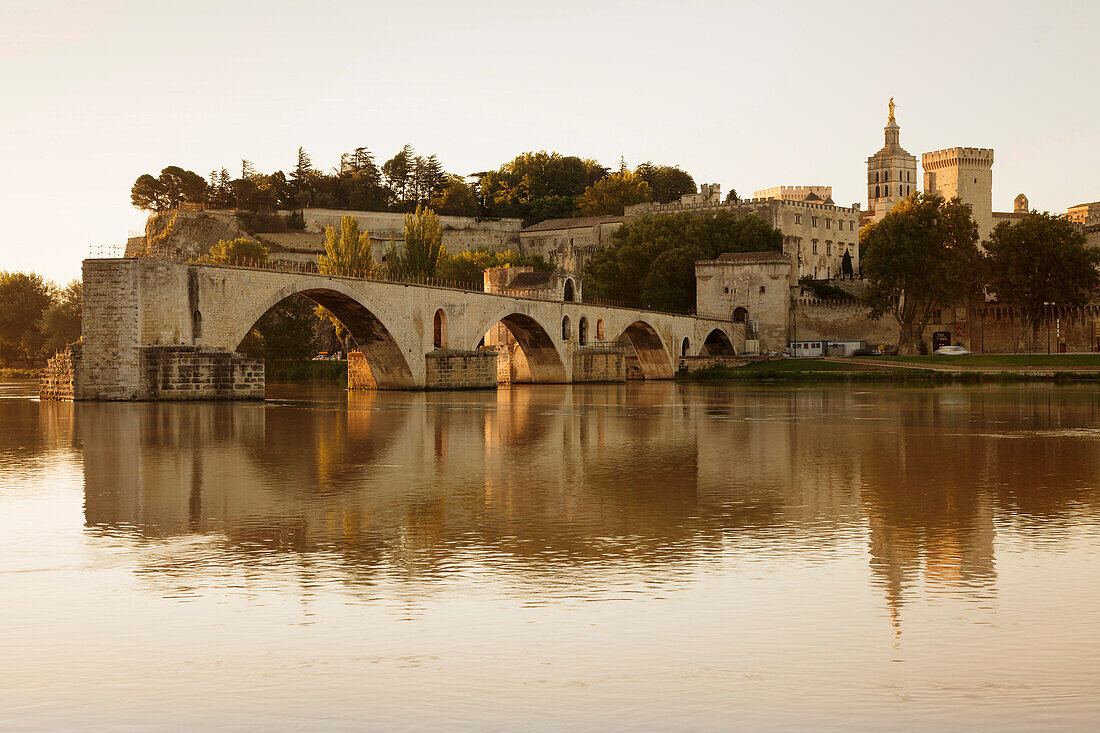 Bridge St. Benezet over Rhone River with Notre Dame des Doms Cathedral and Papal Palace, UNESCO World Heritage Site, Avignon, Vaucluse, Provence, Provence-Alpes-Cote d'Azur, southern France, France, Europe