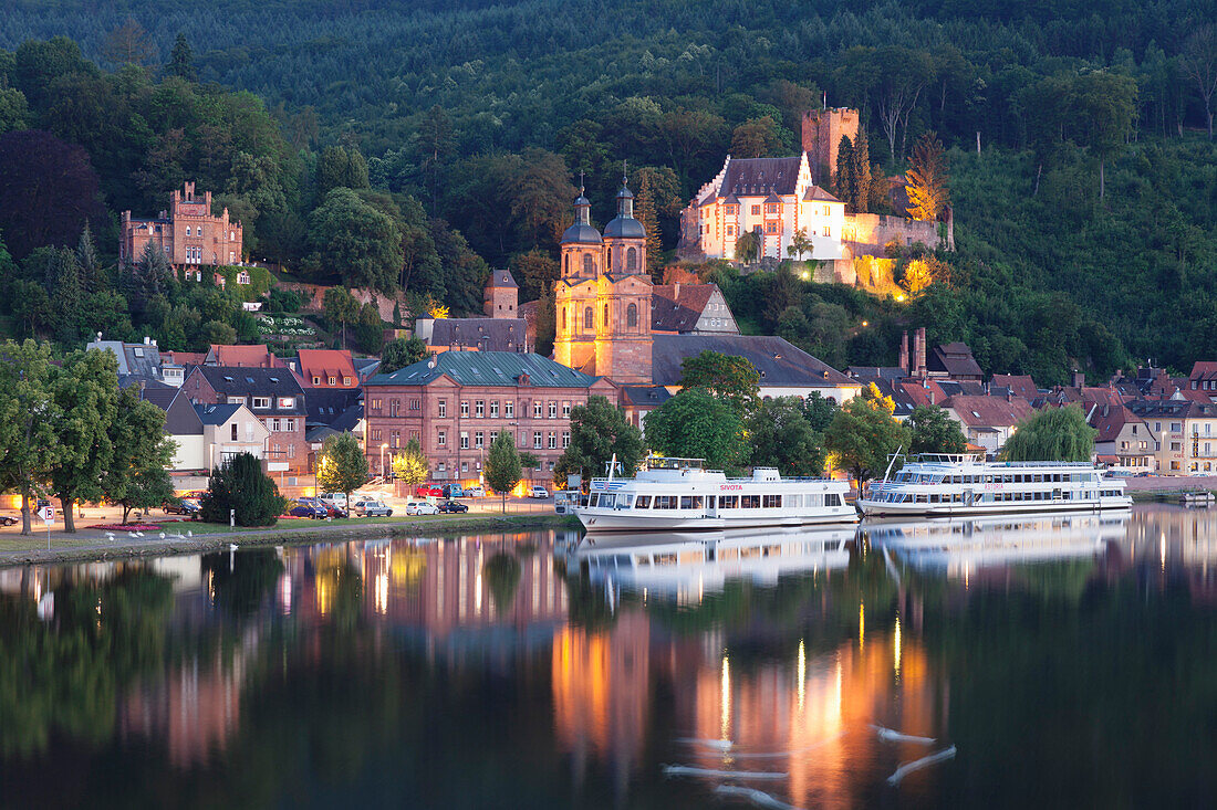 Mildenburg Castle and Parish Church of St. Jakobus, excursion boats on Main River, old town of Miltenberg, Franconia, Bavaria, Germany, Europe