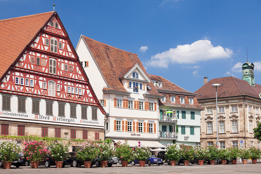 Kielmeyer House and new Town Hall at the market place, Esslingen, Baden-Wurttemberg, Germany, Europe
