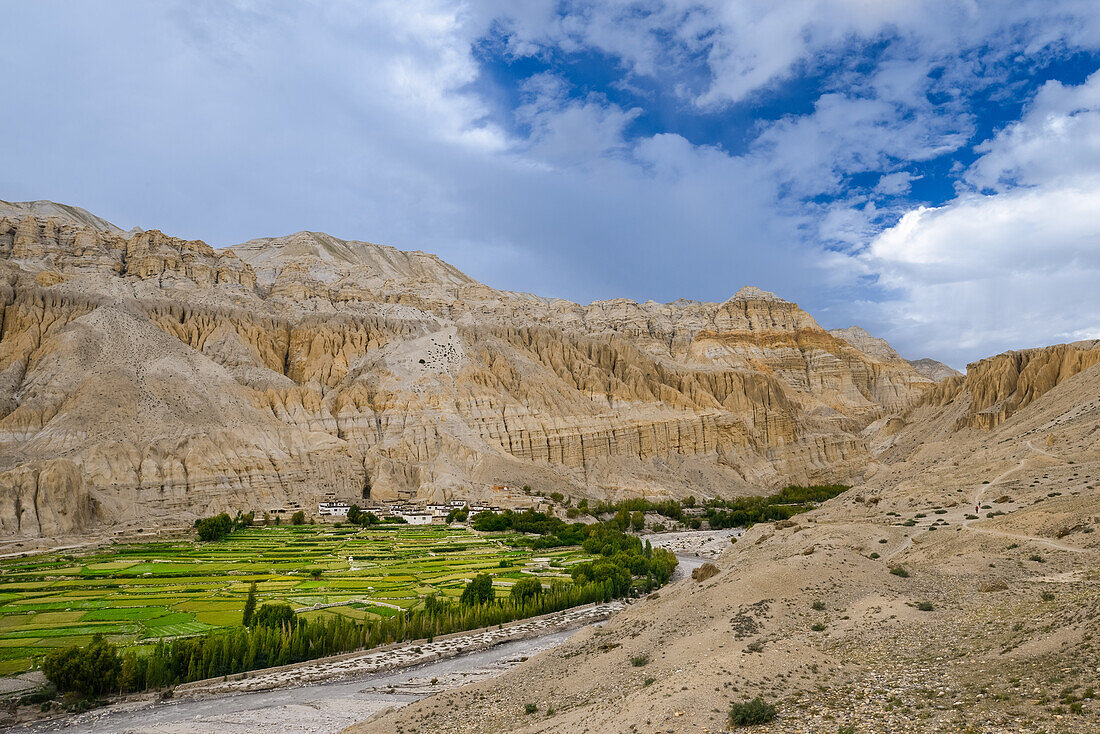 Dhigaon, tibetian village with a buddhist Gompa in the Kali Gandaki valley, the deepest valley in the world, fertile fields are only possible in the high desert due to a elaborate irrigation system, Mustang, Nepal, Himalaya, Asia