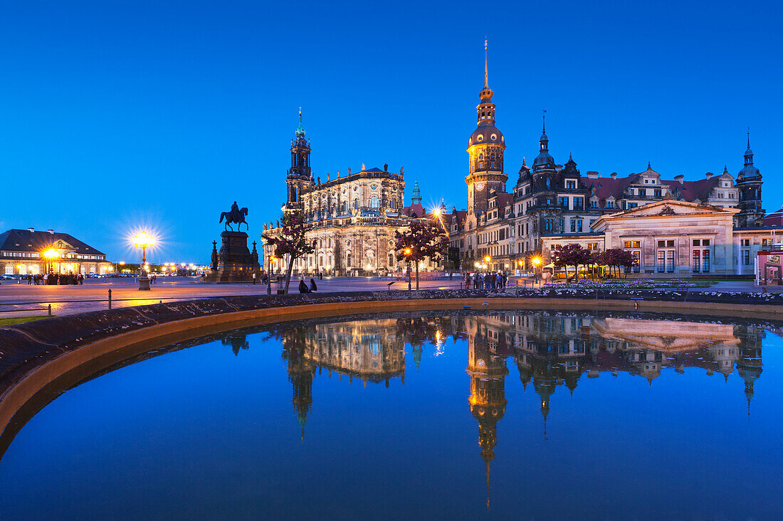 View from Theaterplatz with the equestrian statuette of King Johann von Sachsen towards Hofkirche and Residenzschloss, Dresden, Saxony, Germany