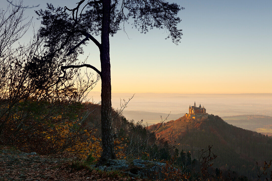 View to Hohenzollern castle, near Hechingen, Swabian Alb, Baden-Wuerttemberg, Germany