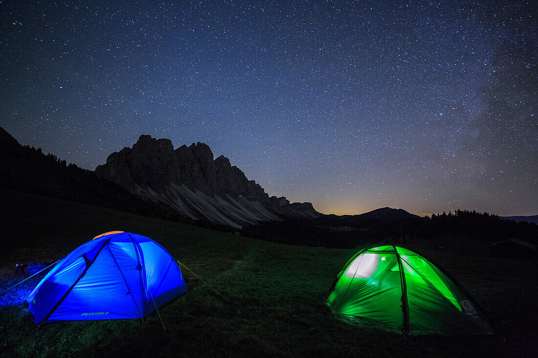 Camping under the stars, Malga Zannes, Funes Valley, South Tyrol, Dolomites, Italy, Europe
