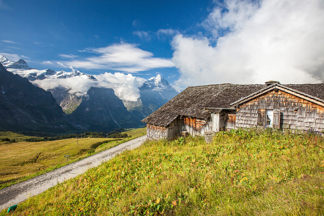 Wood hut with Mount Eiger in the background, First, Grindelwald, Bernese Oberland, Canton of Bern, Swiss Alps, Switzerland, Europe