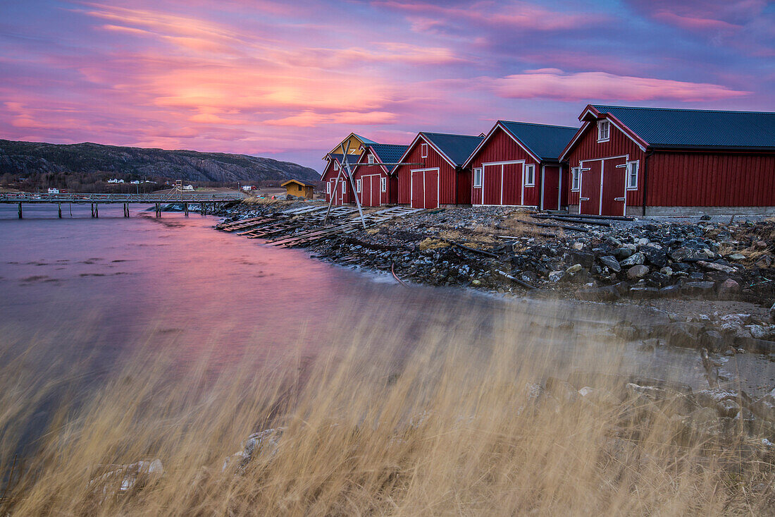 The colors of dawn light up the houses of fishermen, Flatanger, Trondelag, Norway, Scandinavia, Europe