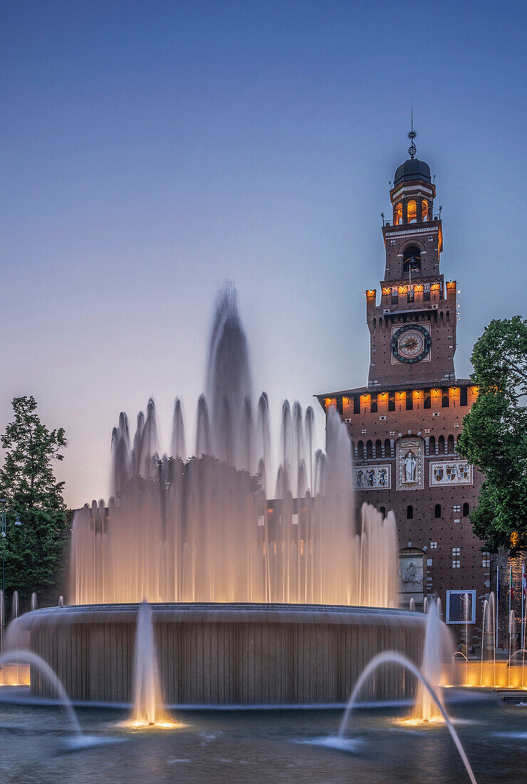 Ornate fountain near clock tower, Milano, Lombardia, Italy