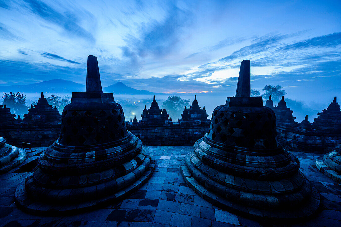 Silhouette of monuments in Borobudur, Jawa Tengah, Indonesia