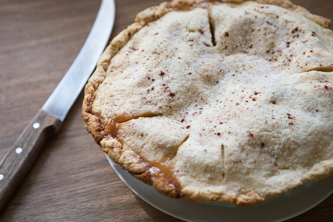 Baked Apple Pie with Knife