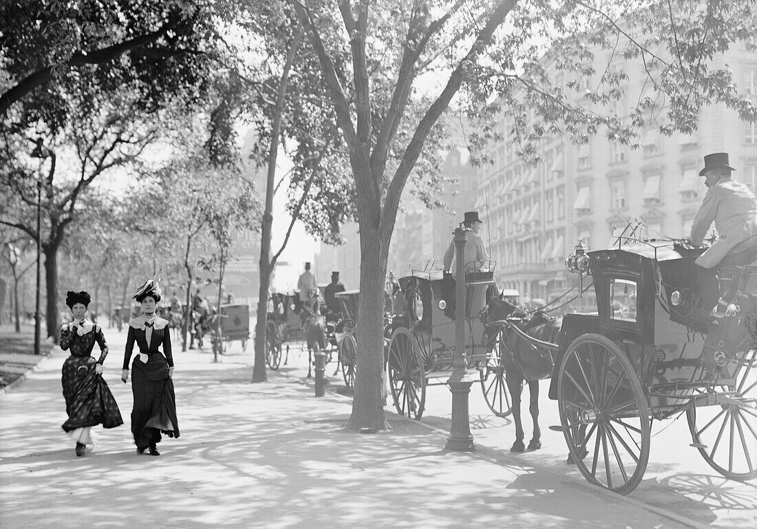 Two Women Strolling Near Cab Stand, Madison Square, New York City, USA, circa 1899