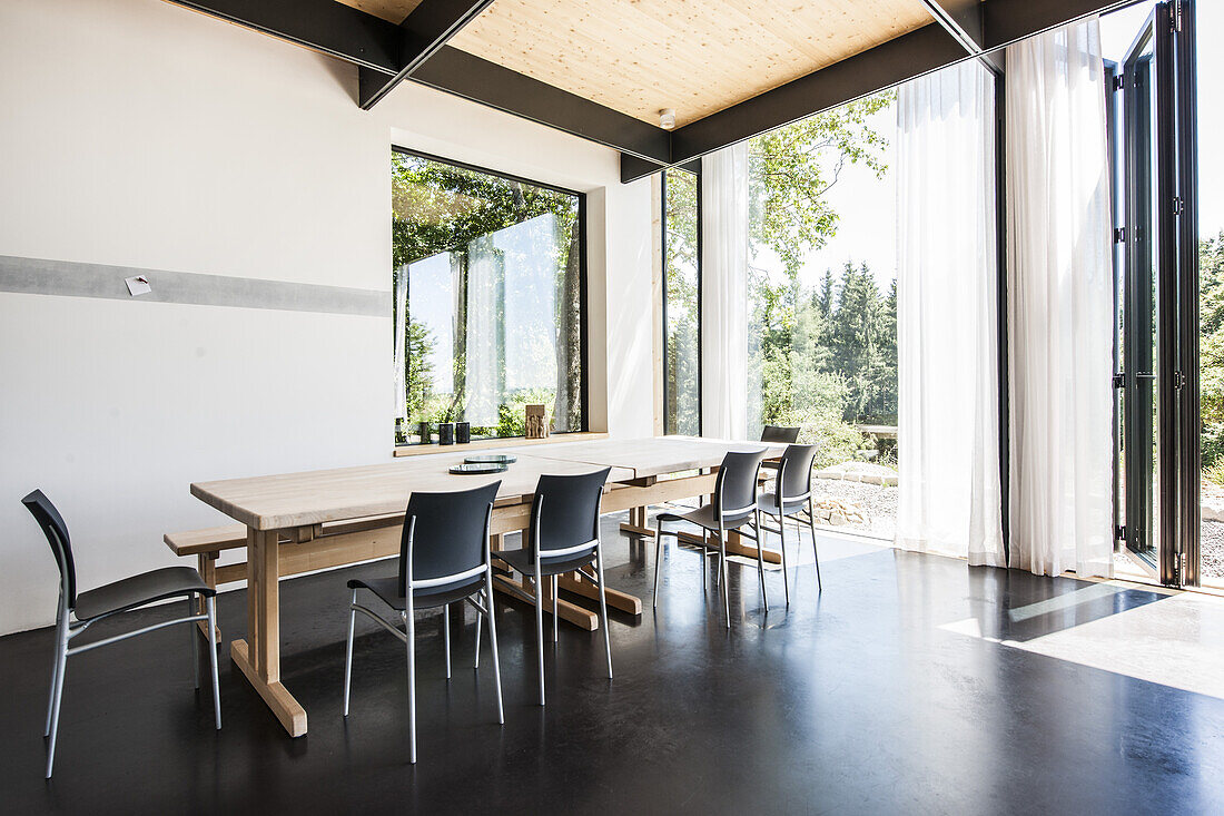 modern architecture and living room with open kitchen, architecture house in Gaechingen, Baden-Wuerttemberg, south Germany, Germany