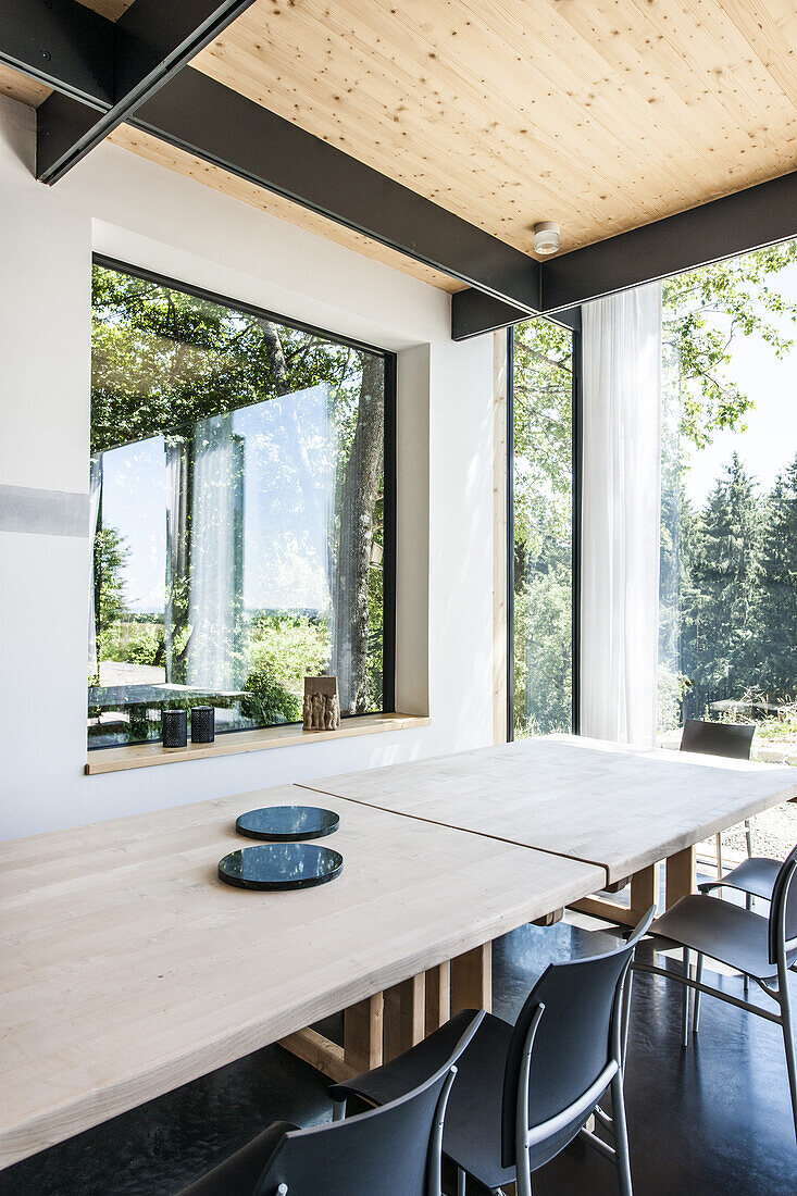 Modern architecture and living room with open kitchen, architecture house in Gaechingen, Baden-Wuerttemberg, south Germany, Germany