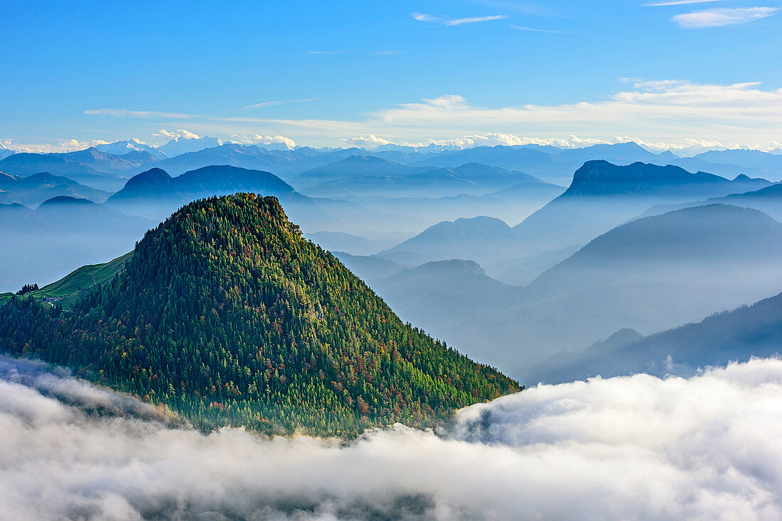Kranzhorn and Pendling with fog in the valley of Inn, view from Heuberg, Heuberg, Chiemgau, Chiemgau Alps, Upper Bavaria, Bavaria, Germany