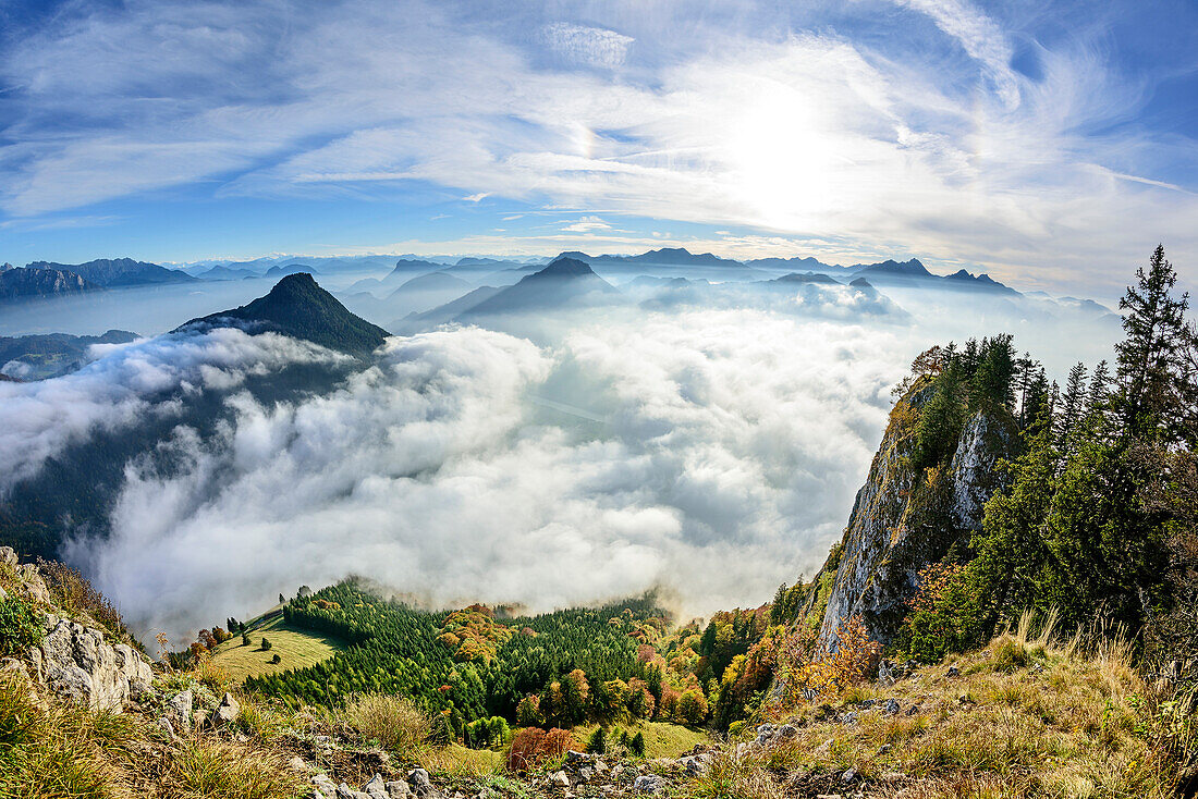 Fog in valley of Inn, Kranzhorn, Bruennstein and Wendelstein in background, view from Heuberg, Heuberg, Chiemgau, Chiemgau Alps, Upper Bavaria, Bavaria, Germany