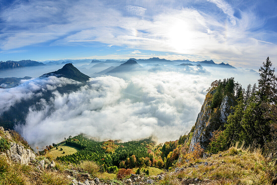 Nebelmeer überm Inntal, Kranzhorn, Brünnstein und Wendelstein im Hintergrund, Blick vom Heuberg, Heuberg, Chiemgau, Chiemgauer Alpen, Oberbayern, Bayern, Deutschland