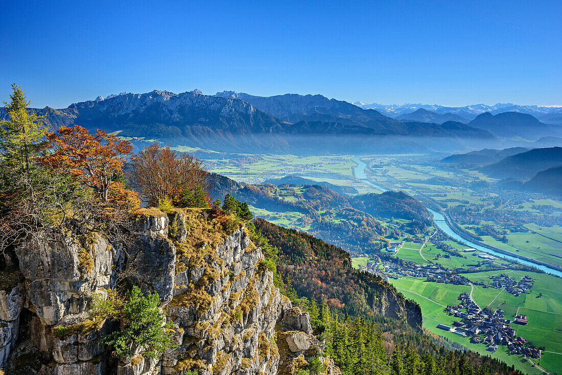Kaiser range and valley of Inn, view from Kranzhorn, Kranzhorn, Chiemgau Alps, Upper Bavaria, Bavaria, Germany
