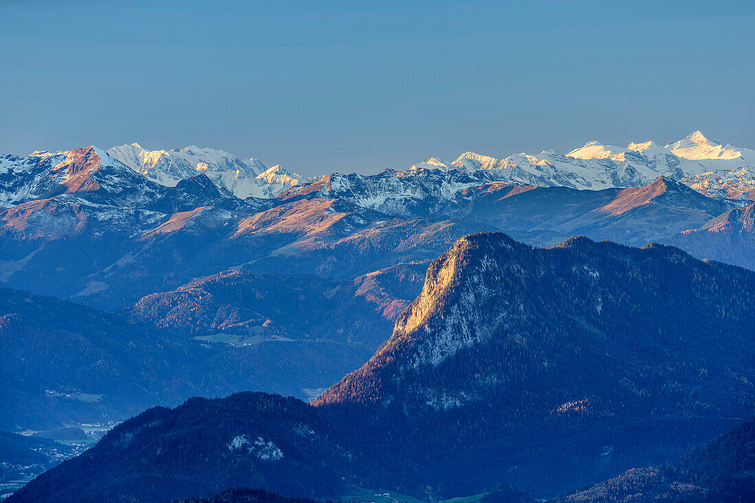 Pendling in foreground, Zillertal Alps with Hochfeiler and Olperer in background, view from Hochries, Hochries, Chiemgau, Chiemgau Alps, Upper Bavaria, Bavaria, Germany