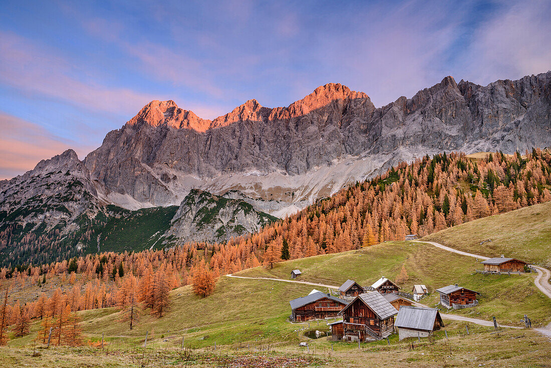 Neustattalm mit Torstein, Mitterspitz und Dachstein im Alpenglühen, Neustattalm, Dachstein, Steiermark, Österreich