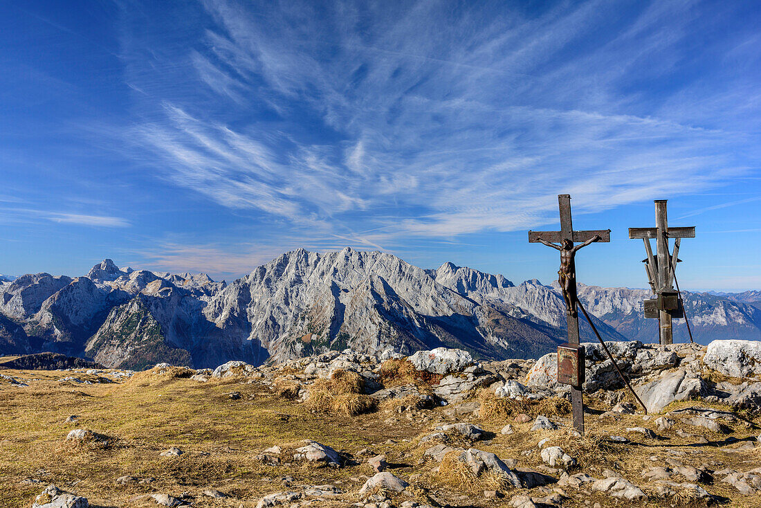 Summit of Schneibstein with Hundstod, Watzmann and Hochkalter, view from Schneibstein, Schneibstein, Berchtesgaden Alps, Upper Bavaria, Bavaria, Germany