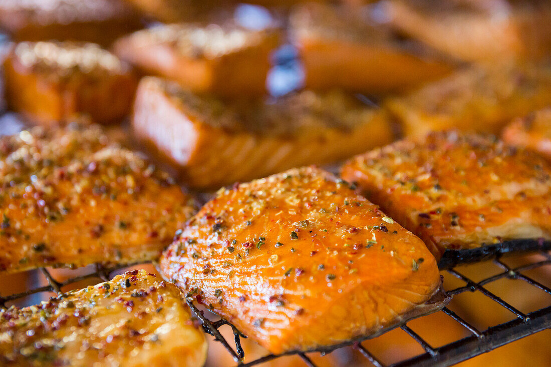 Smoked salmon, pepper salmon, smokehouse Allinge Røgeri, fishing village, Baltic sea, Bornholm, Allinge, Denmark, Europe