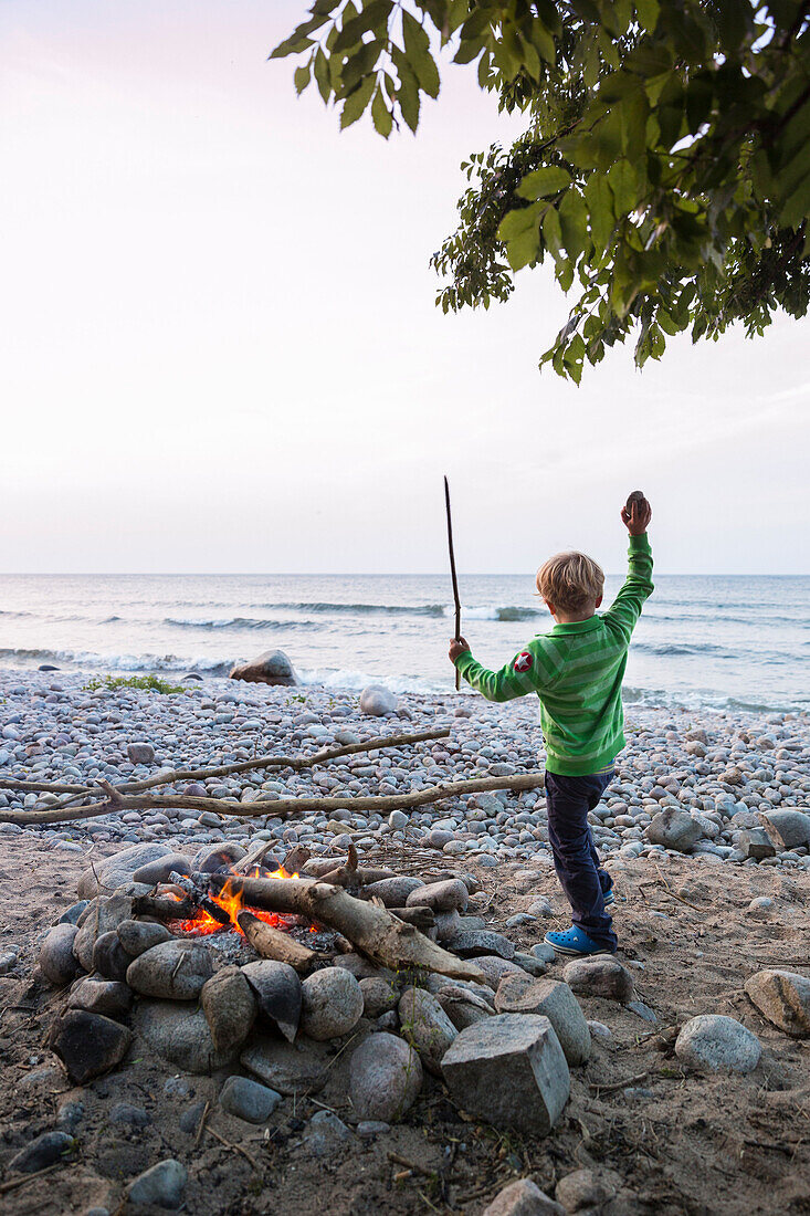 5 years old boy dancing around the campfire, childhood, adventure, outdoor, holiday, Baltic sea, MR, Bornholm, near Gudhjem, Denmark, Europe