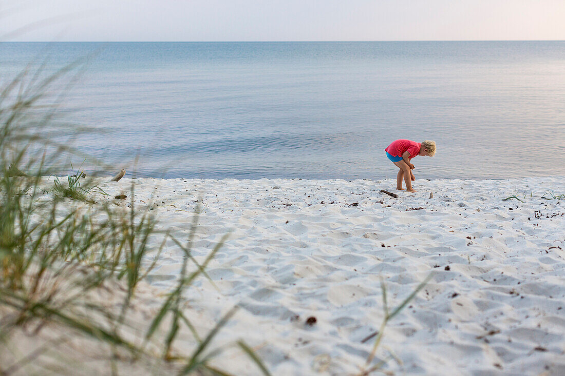 boy, 5 years old, playing on the beach, dream beach between Strandmarken und Dueodde, sandy beach, summer, Baltic sea, Bornholm, Strandmarken, Denmark, Europe