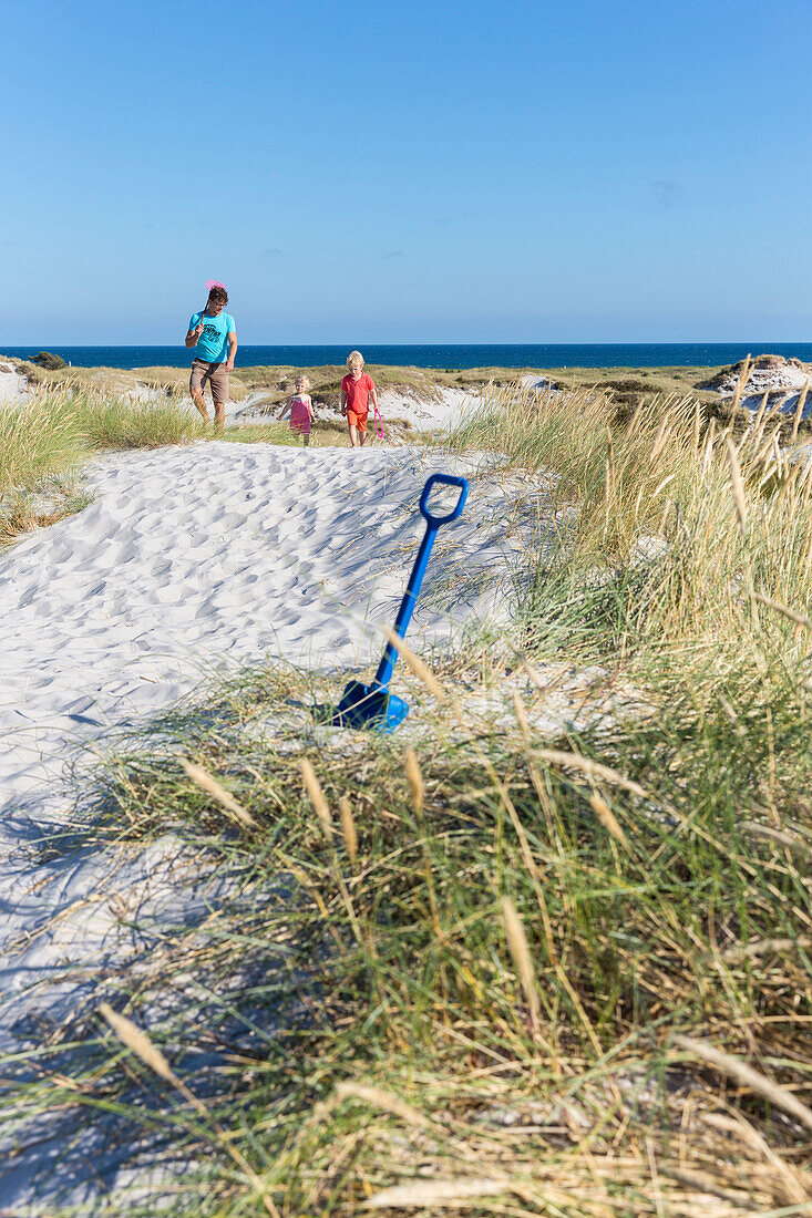 Junge Familie, Wanderung am Traumstrand und auf den Dünen von Dueodde, feiner weisser Sand,  dänische Ostseeinsel, Ostsee, MR, Insel Bornholm, Dueodde, Dänemark, Europa