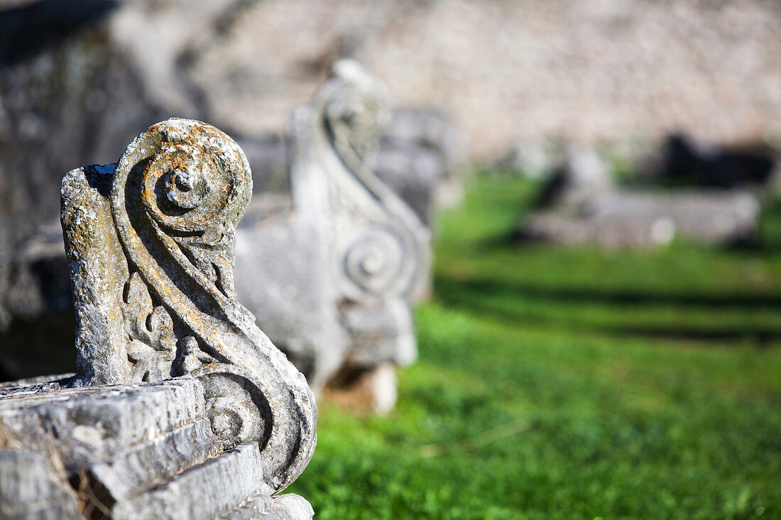 Close up of stone carving in scroll shape, Philippi, Greece