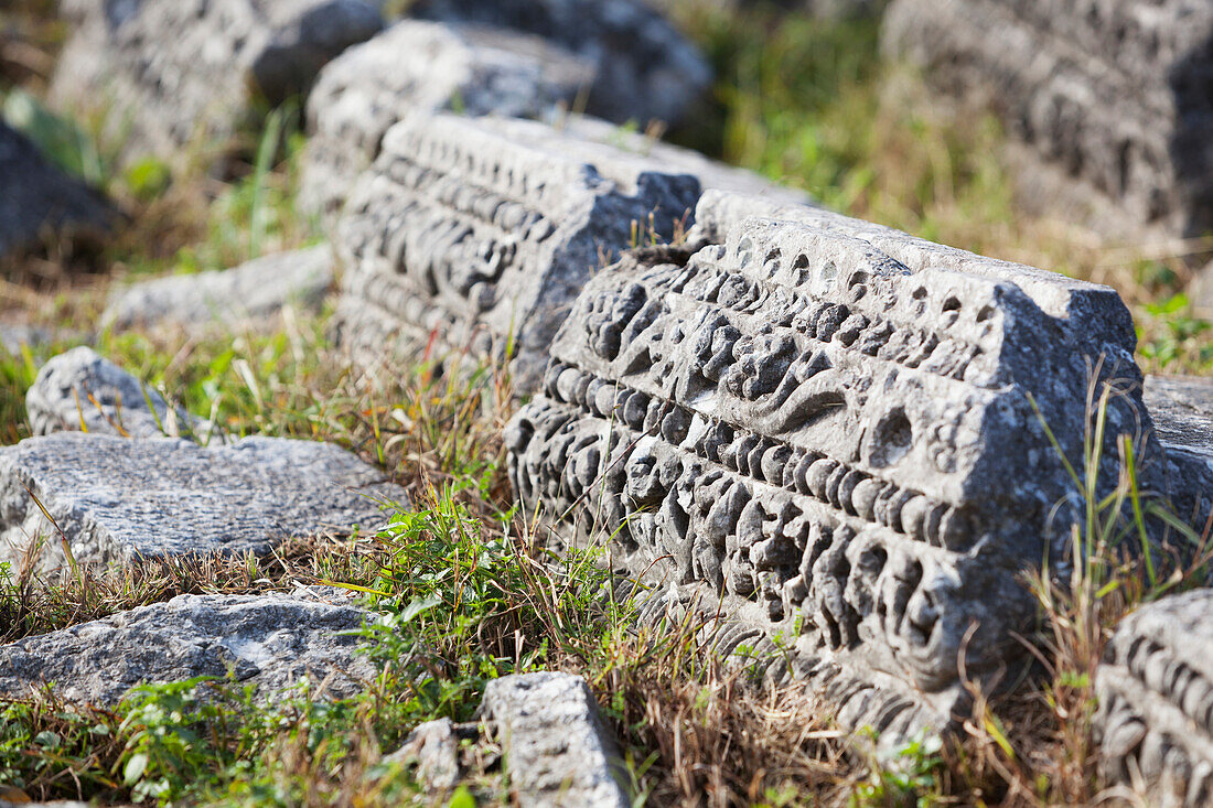 Ruins of decorative carved stone, Philippi, Greece