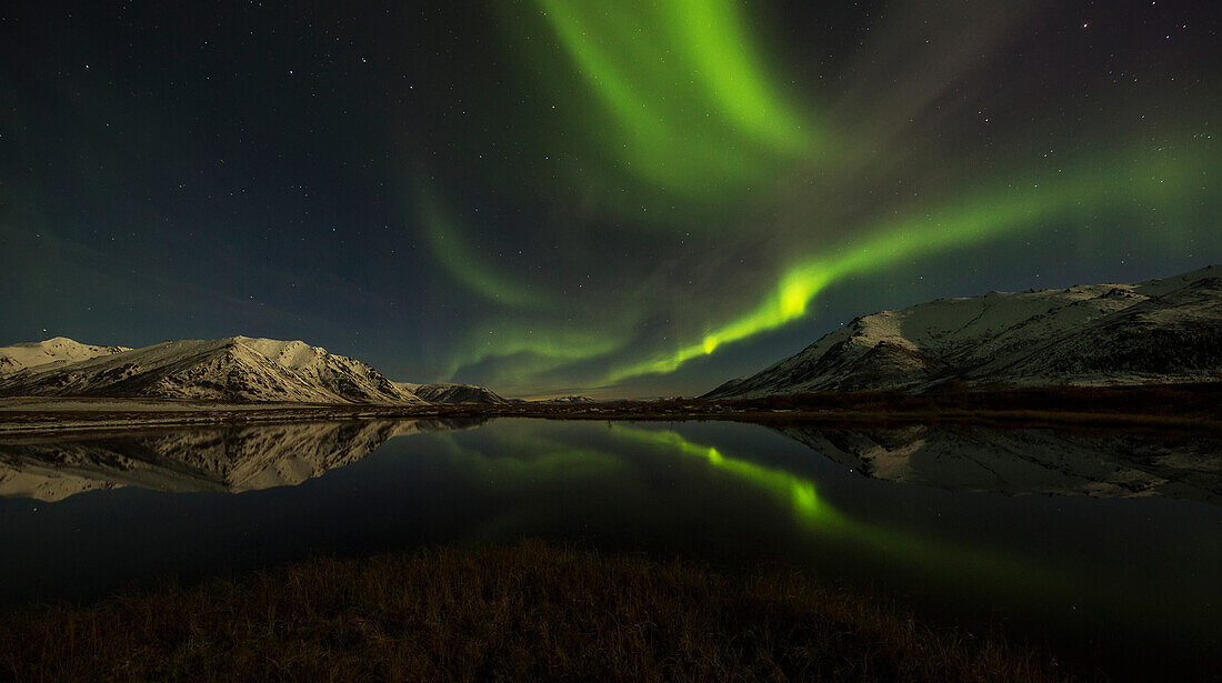 Northern Lights (aurora borealis) over the Dempster Highway and reflected into a pond, Yukon, Canada