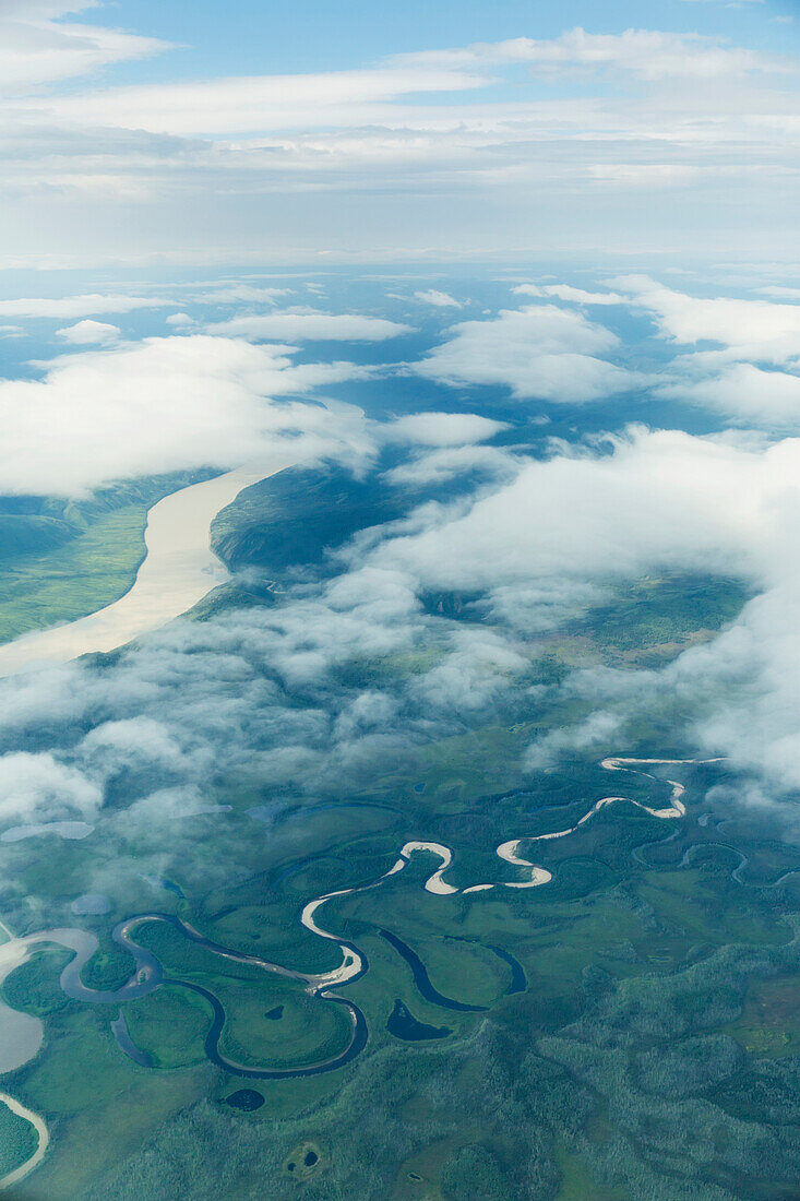 Aerial view of patchy clouds over the Yukon River, Alaska, United States of America