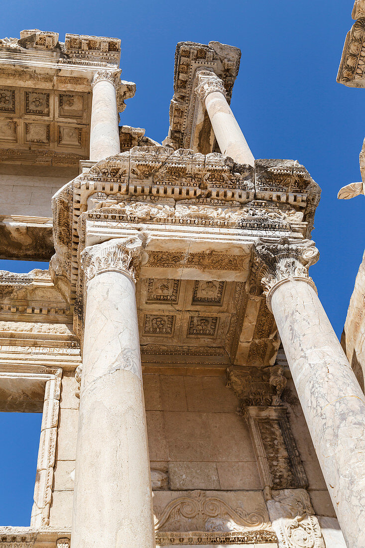 A close up cropped low angle view of the Library of Celsus at the Ephesus ancient city historic site, Selcuk, Turkey
