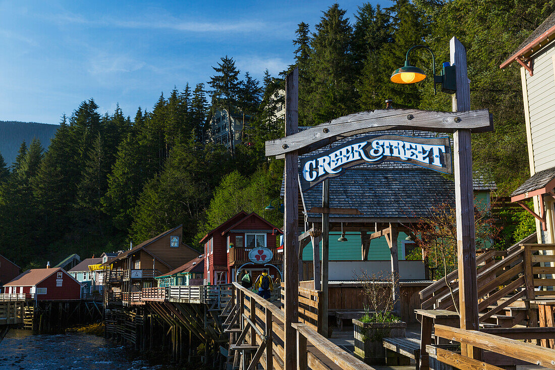 The Creek Street sign and boardwalk, downtown Ketchikan, Southeast Alaska, USA, Spring