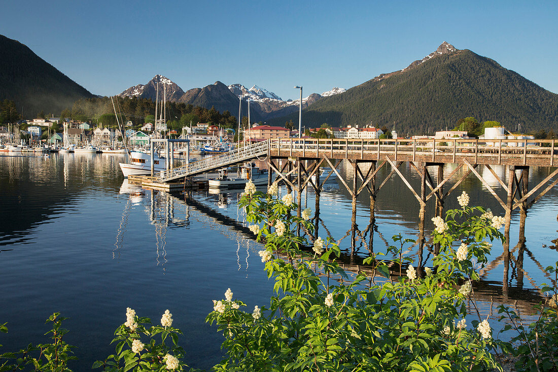 Scenic view of the pier in Sitka Harbor and the mountains in the background, Southeast Alaska, USA, Summer