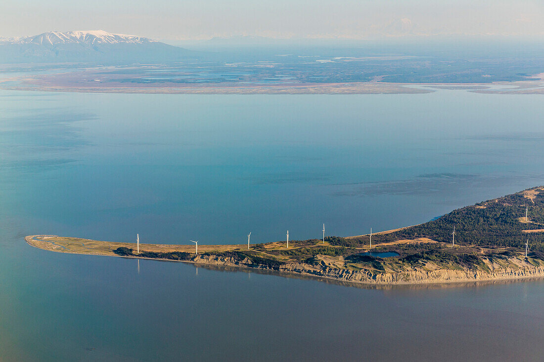 Aerial view of the Fire Island Wind turbine farm, Fire Island, Anchorage, Southcentral Alaska, USA, Summer