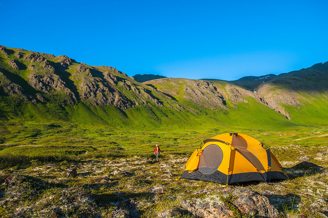 A man at his campsite at Hanging Valley in South Fork near Eagle River on a summer day in South Central Alaska.