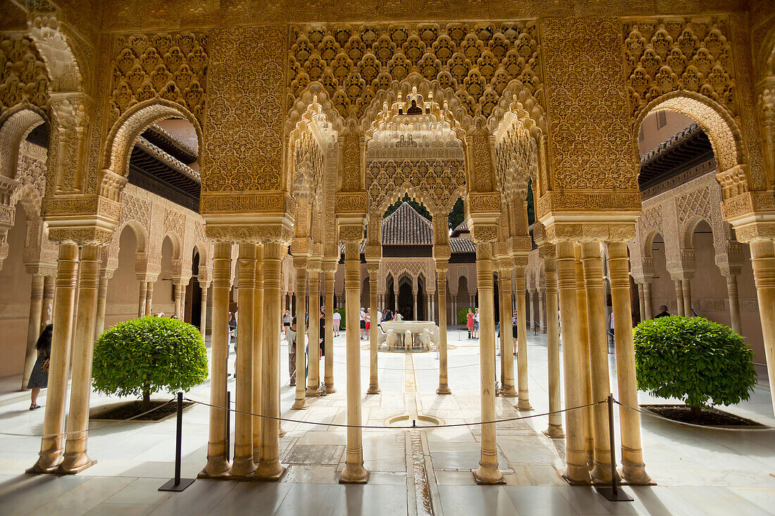 Patio of the Lions at the Nasrid Palace in the Alhambra Palace, Granada, Spain