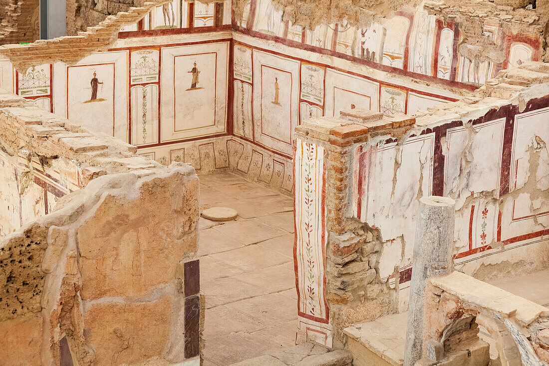 Ancient stone walls and artwork in a museum, Ephesus, Izmir, Turkey