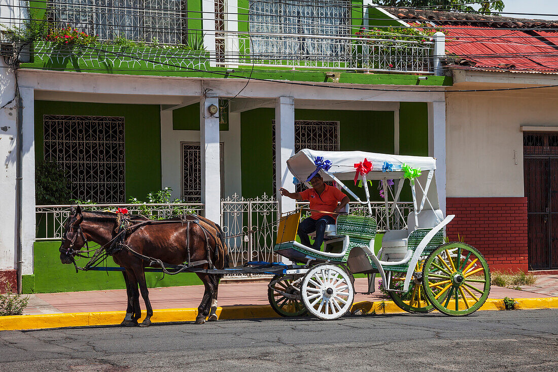 Driver of a horse-drawn carriage tour smiles and waves for a picture, Granada, Nicaragua