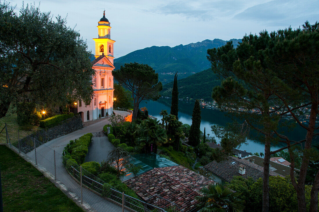 Vico Morcote Monte with church at dusk, Lake Lugano, Lake Lugano, UNESCO World Heritage Site San Giorgio, Ticino, Switzerland