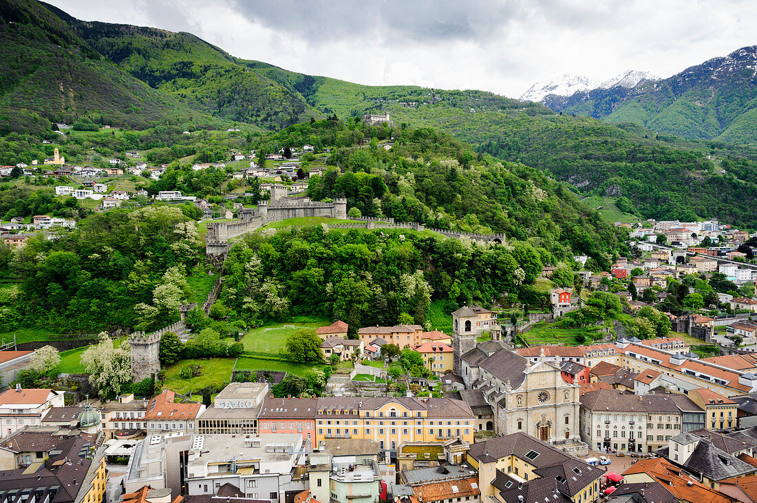 View from Castelgrande to town and castles, UNESCO World Heritage Site Three Castles, fortresses and ramparts of Bellinzona, Ticino, Switzerland