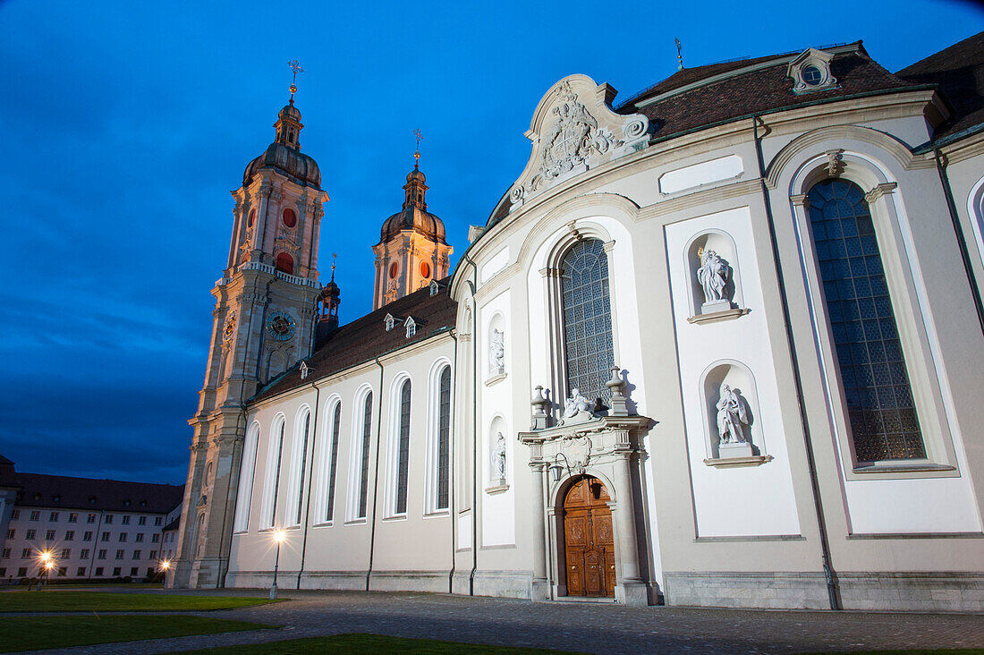 Cathedral former collegiate church, at dusk, UNESCO World Heritage Site Convent of St Gall, Canton St. Gallen, Switzerland