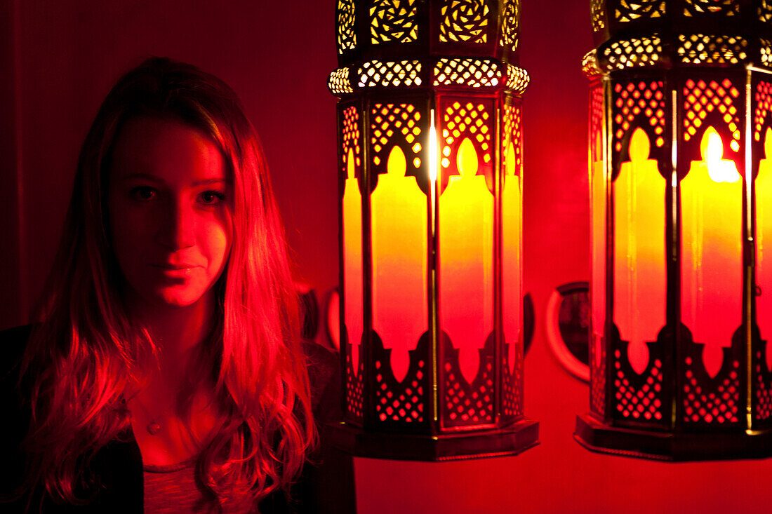 Girl in the light of Moroccan Lamps, Café Arabe, Marrakech, Morocco