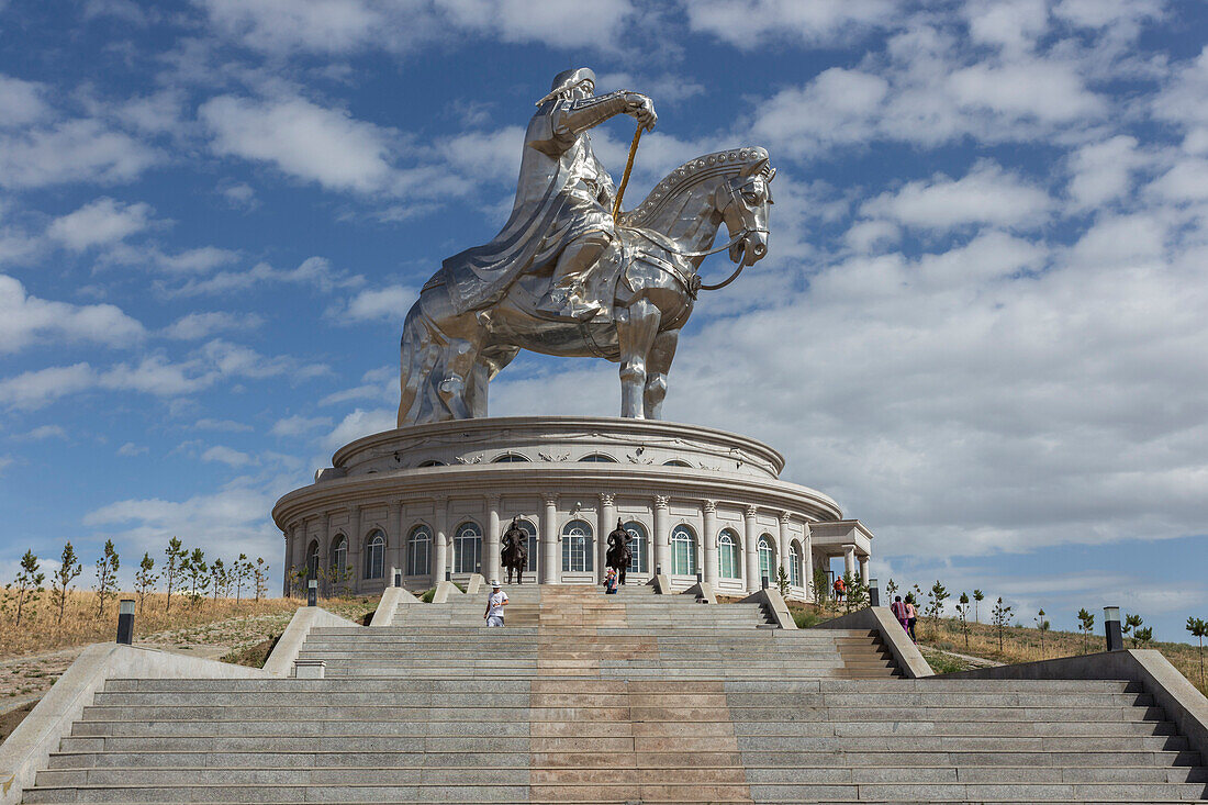 Huge silver stainless steel Chinggis Khaan Genghis Khan statue with blue sky, Tsonjin Boldog, Tov Province, Central Mongolia, Central Asia, Asia