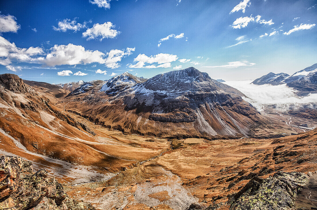 Blue sky and autumn colors, Fain Valley, Engadine, Canton of Grisons Graubunden, Switzerland, Europe