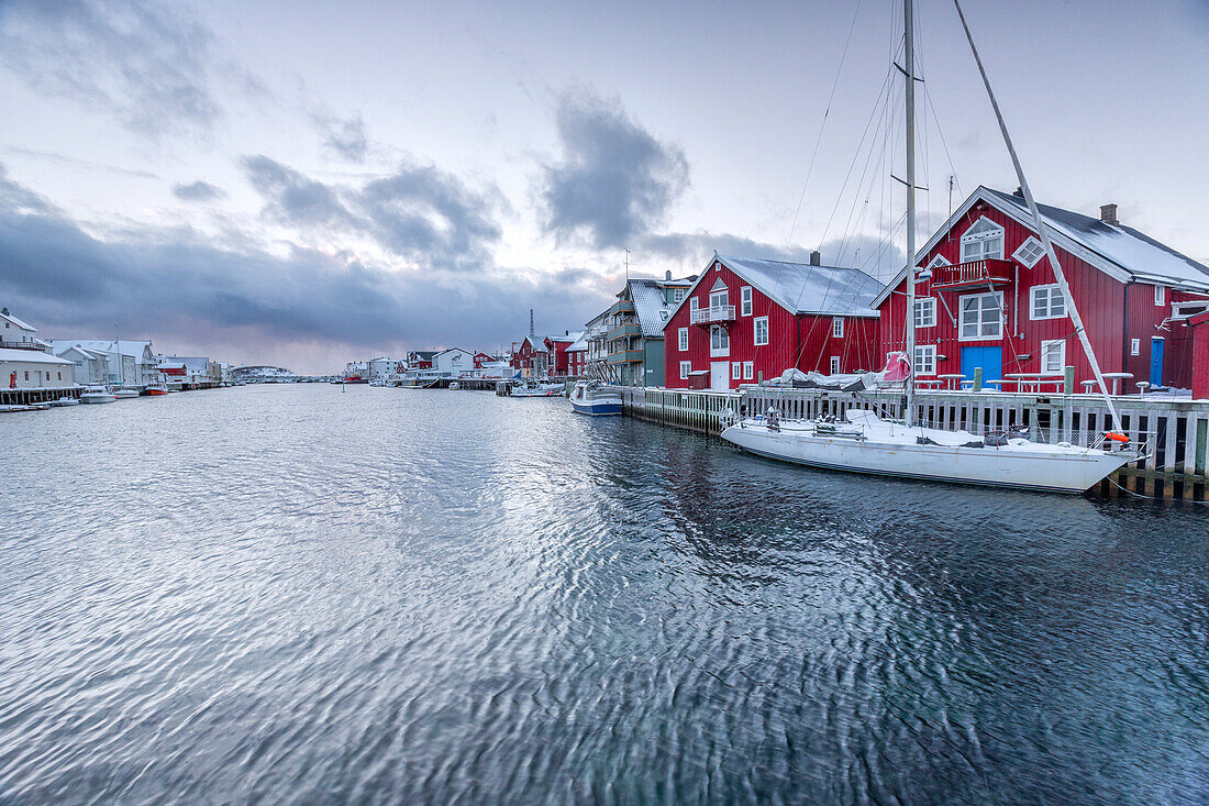 The typical fishing village of Henningsvaer with its red houses rorbu, Lofoten Islands, Arctic, Northern Norway, Scandinavia, Europe