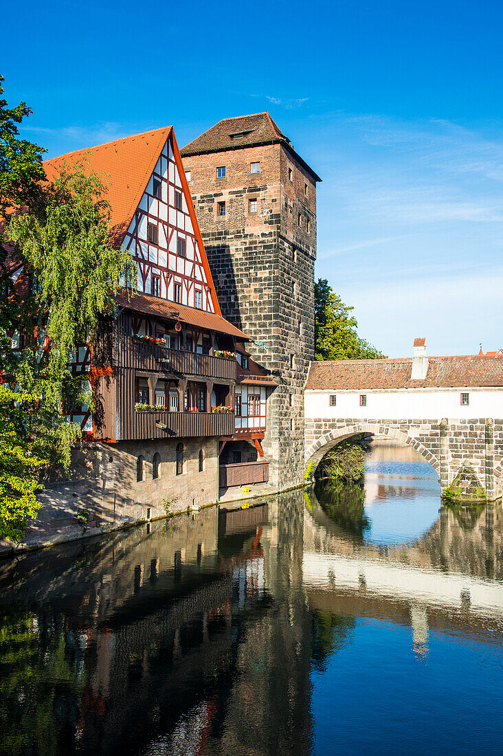 Old timbered houses and hanging tower, Nuremberg, Middle Franconia, Bavaria, Germany, Europe