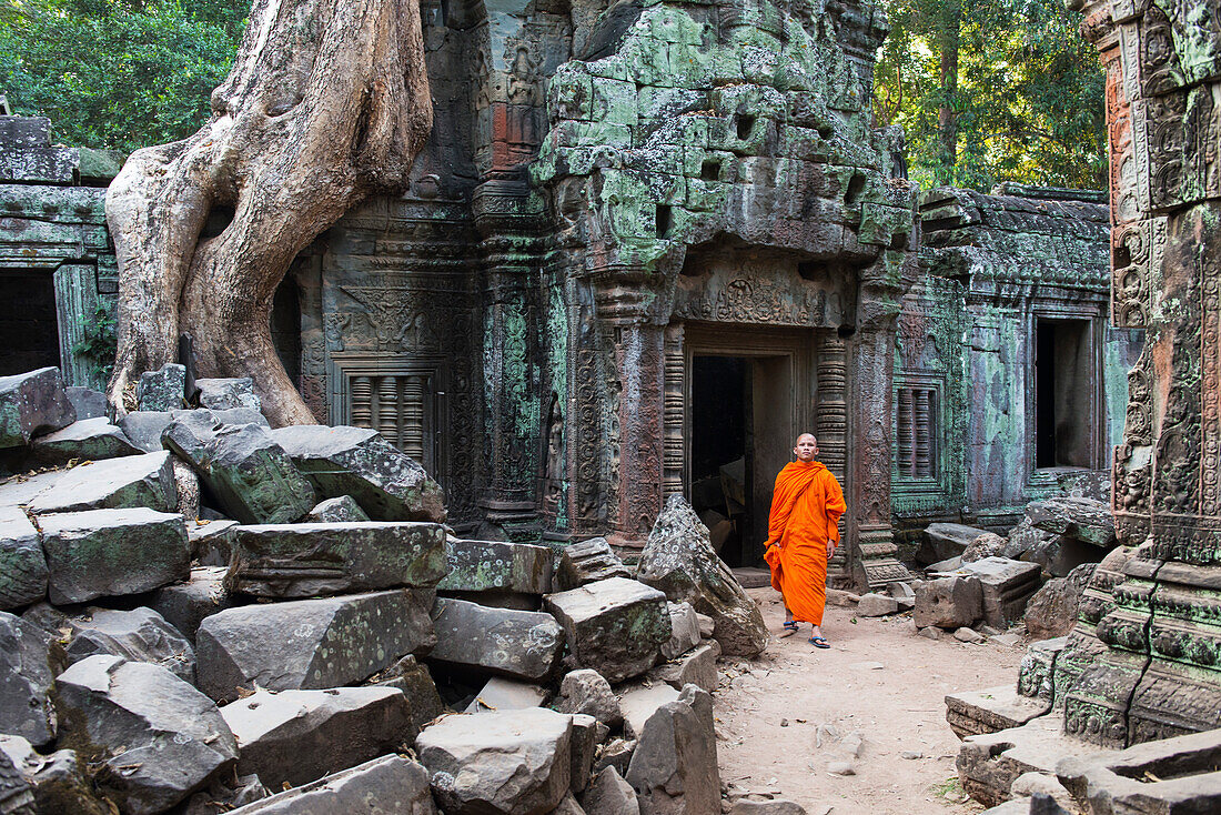 Monk walking through Ta Prohm temple, UNESCO World Heritage Site, Angkor, Siem Reap, Cambodia, Indochina, Southeast Asia, Asia