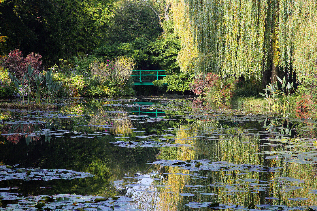 Claude Monet's water garden with the Japanese bridge which he included in many of his paintings, Giverny, Normandy, France, Europe