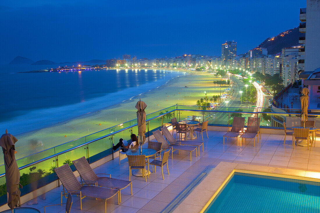 Copacabana Beach at dusk, Rio de Janeiro, Brazil, South America